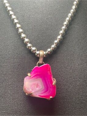 Hot Pink Agate Slice Pendant Necklace - Women Jewelry
